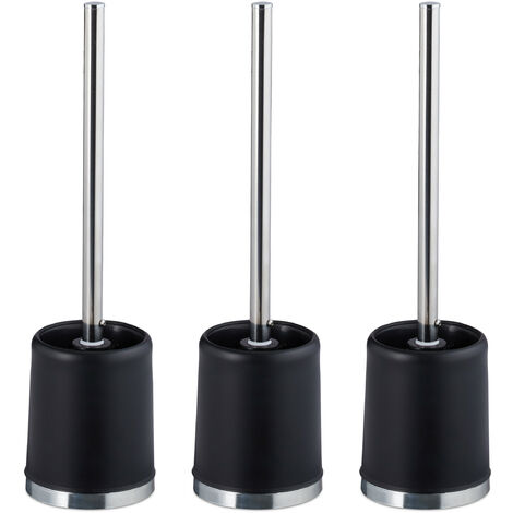 Relaxdays Toilet Brush with Holder, Set of 3, Removable Head, Inner Thread Ø 7cm, Plastic, Loo Cleaner, WC, Matt Black
