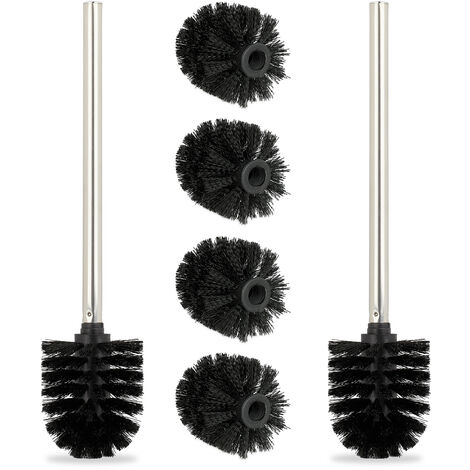 Relaxdays Toilet Brushes, Set of 2, 4x Replacement Heads, Stainless Steel Handle, Bathroom, H x diam. 35 x 8 cm, Black