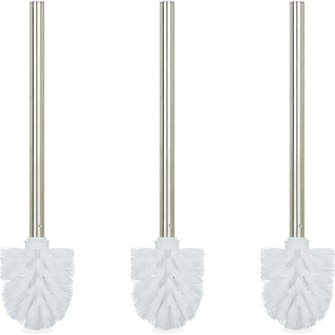 Relaxdays Toilet Brushes, Set of 3, Replacement, Removable Head, Stainless Steel Handle, H x diam. 35 x 8 cm, White