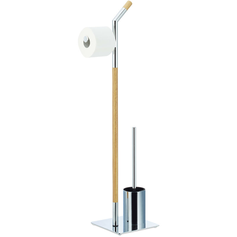 Toilet Butler with Paper Holder, Toilet Brush with Container, h x w x d 90 x 24 x 20 cm, Silver-Natural - Relaxdays