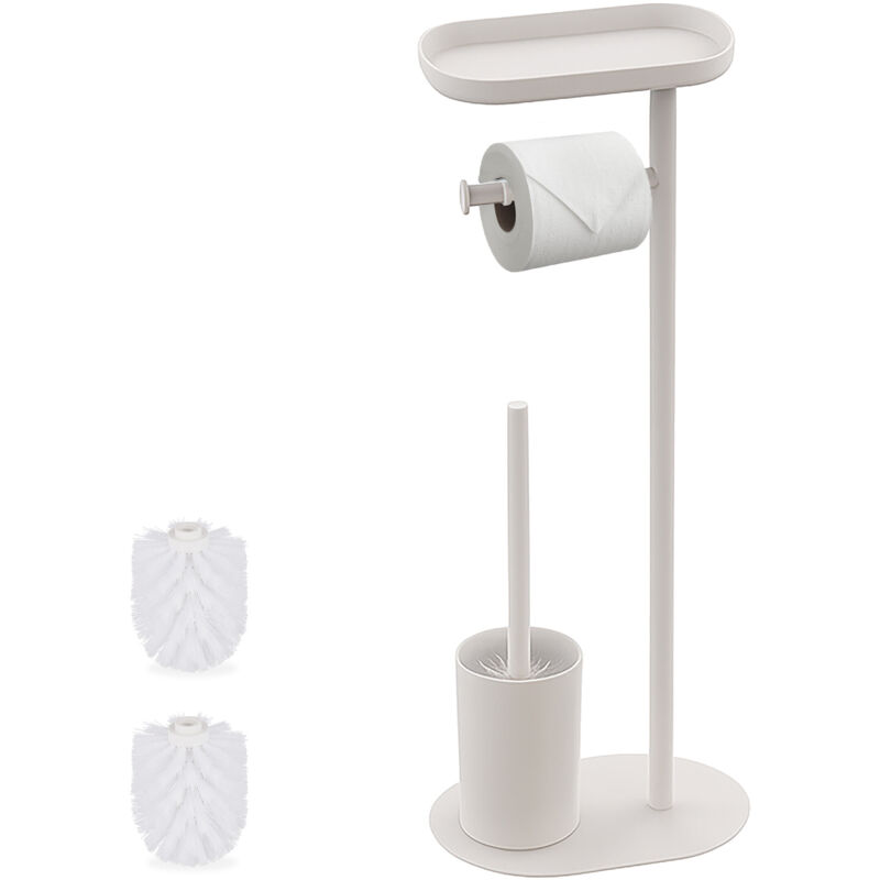 Relaxdays Toilet Set, Hwd, 67 X 23 X 17 Cm, Freestanding Toilet Paper Holder, Toilet Brush, Shelf, 2 Heads, White