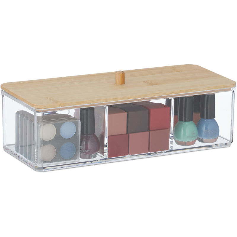 Relaxdays - Toiletry Storage Box with Bamboo Lid, 3 Compartments, Plastic, Versatile, 23.5 x 10 x 8cm, Transparent/Natural