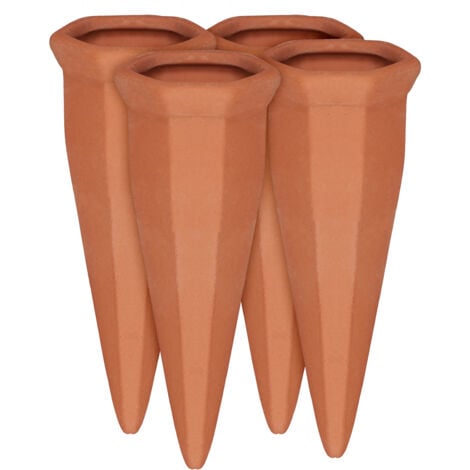 Relaxdays Tonkegel Bewässerung 4er Set, Pflanzen Wasserspender Ton, Wein und PET Flaschen Bewässerungskegel, Terracotta