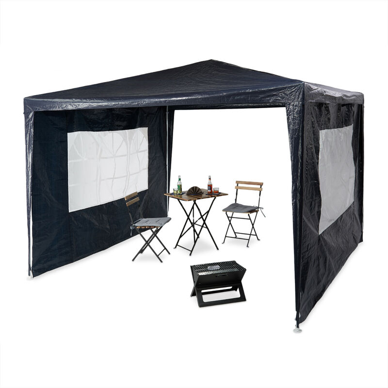 Tonnelle pavillon chapiteau pergola festival 3x3 m , 2 côtés fenêtres métal pe tente de jardin, bleu - Relaxdays