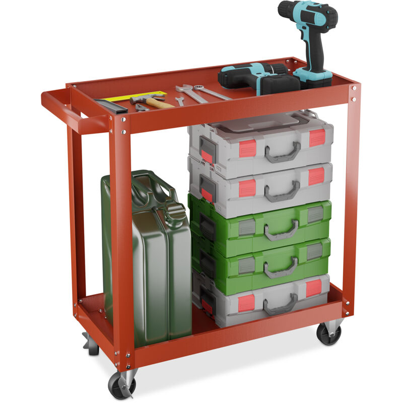 Relaxdays - Tool Trolley, 2 Tiers, Workshop Cart, up to 100 kg, 76 x 78 x 35 cm, diy Equipment, Garage & Mechanic, Red