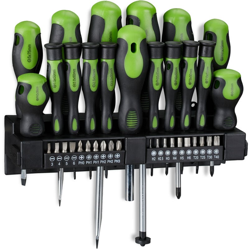 Tournevis xxl, en croix et plat, avec des mèches, support mural, noir/vert - Relaxdays