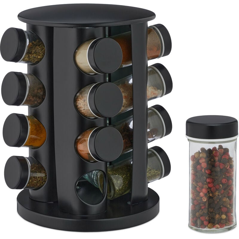 Tourniquet à épices avec 16 pots en verre, rotatif, embouts tamiseur, remplir, pour la cuisine, noir - Relaxdays