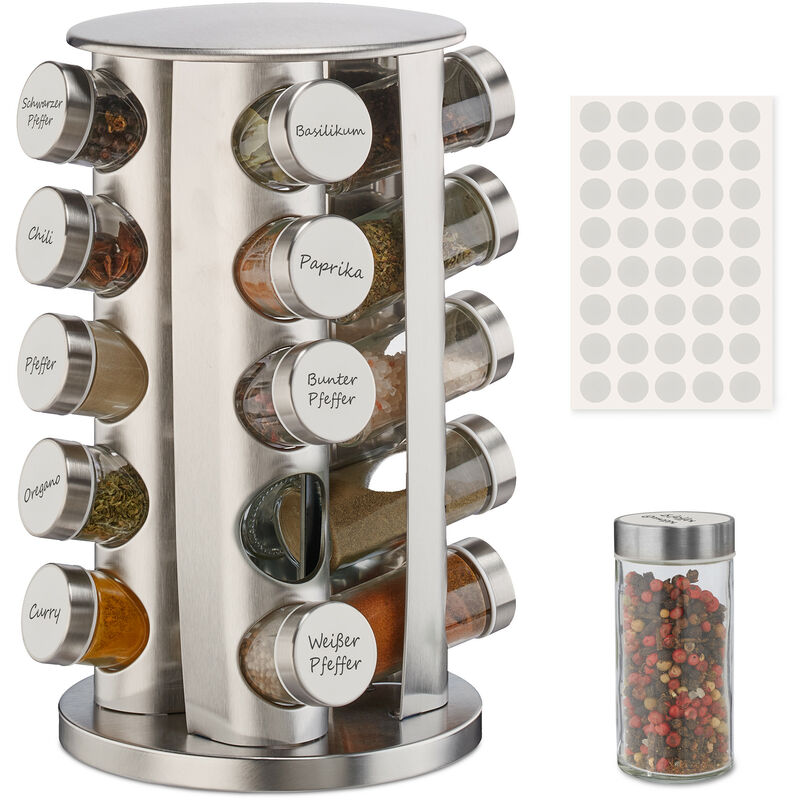 Tourniquet à épices avec 20 pots en verre, 40 étiquettes, rotatif 360°, remplir, acier inoxydable, argenté - Relaxdays