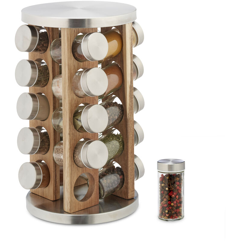 Relaxdays - Tourniquet à épices avec 20 pots en verre, rotatif 360°, acier inox, bois, hd 34 x 19,5 cm, argenté et nature