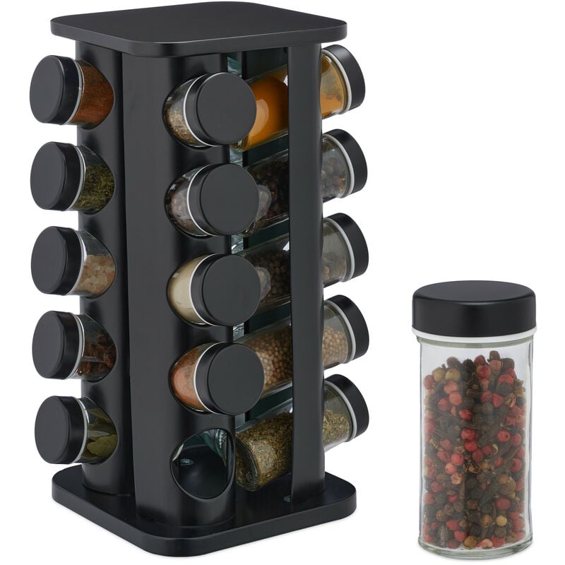 Tourniquet à épices avec 20 pots en verre, rotatif, embouts tamiseur, remplir, pour la cuisine, noir - Relaxdays