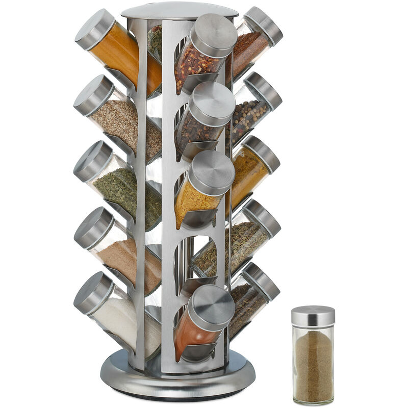 Relaxdays - Tourniquet à épices, avec 20 pots, étagère rotative à 360°, inox, verre, carrousel, HxD 39 x 22 cm, argent