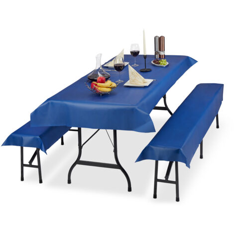 Relaxdays Tovaglie per Tavoli e Panche da Birreria, in Set da 3, Misure LxP 100 x 250 cm, 2 Copri Panca, Lavabili, Blu