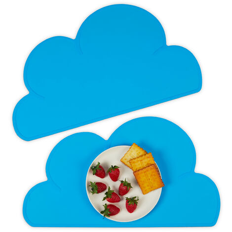 Relaxdays Tovagliette Silicone Bambini, Set da 2 Nuvole, Antiscivolo, Lavabili, Riutilizzabili, 47,5 x 26,5 cm, Blu
