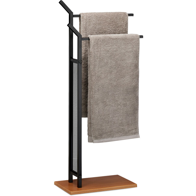 Towel Rack, 2 Rails, Freestanding Towel Holder, No Drilling, hwd 88 x 40 x 20 cm, Black - Relaxdays