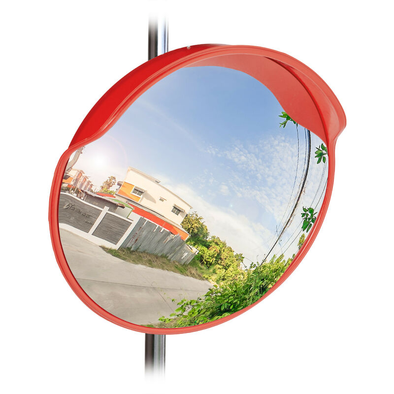 Relaxdays Traffic Safety Mirror, 60 cm, Weatherproof, Unbreakable with Mount, Wide Angle Mirror for In- & Outdoors, Red