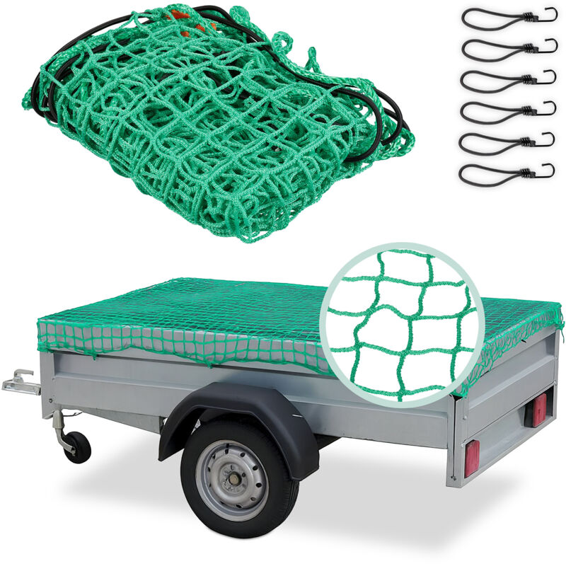 Relaxdays Trailer Net, 1.5 X 2.2 M, With 6 Hooks, Corner Markings, Rubber Cord, Trailer Load Securing, Green