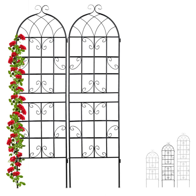 Treillis de jardin en lot de 6, métal, à planter, tuteur pour plantes grimpantes, 180 x 52 x 1,5 cm, noir