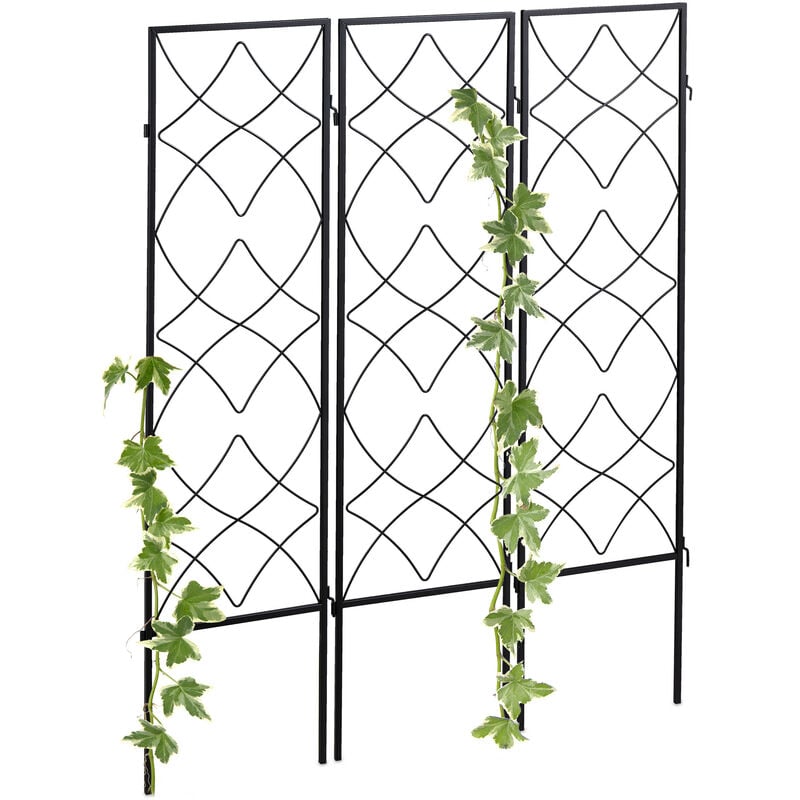 Treillis de jardin, métal, lot de 3, à planter, support pour plantes grimpantes, 122x31 cm, jardin, noir - Relaxdays