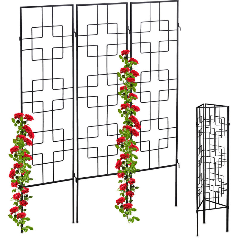 Treillis de jardin, métal, lot de 3, à planter, tuteur pour plantes grimpantes, 122 x 30,5 cm, jardin, noir - Relaxdays