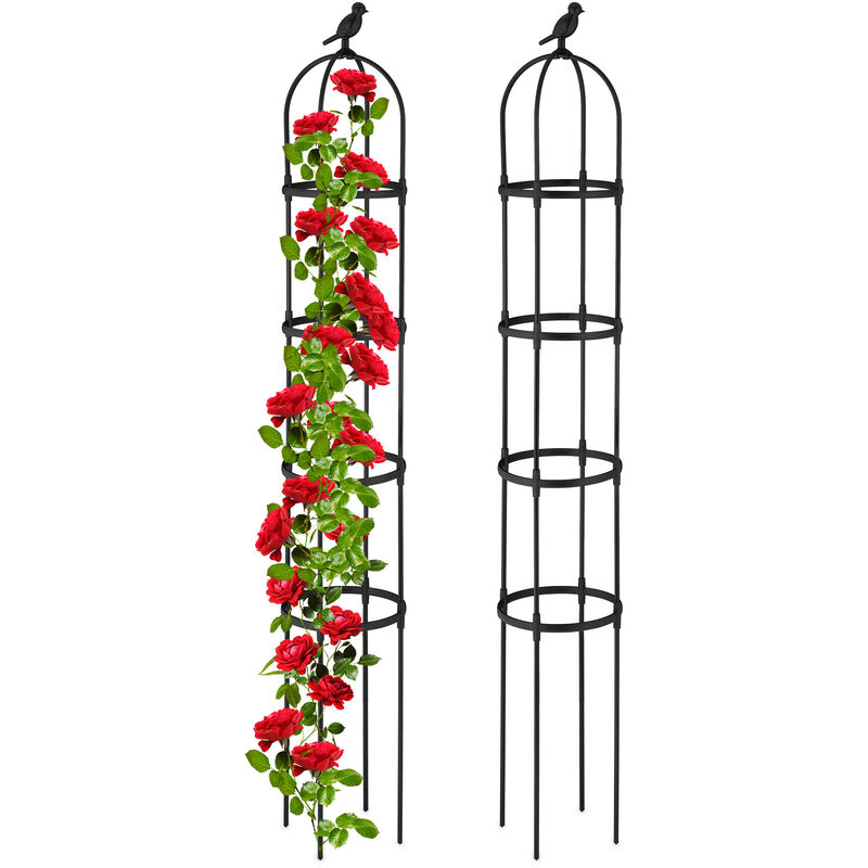Trellis obélisque, lot de 2, 180 cm de hauteur, plantes grimpantes, en métal, stable, tour pour rosier, noir - Relaxdays