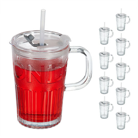 Relaxdays Trinkgläser-Set 20-teilig Mit Deckel & Strohhalm – Frosted Optik, 400 Ml, Bunt – Perfekt Für Gartenparty & Sommerdrinks
