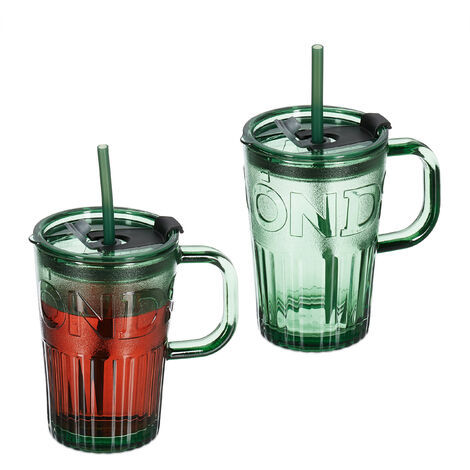 Relaxdays Trinkgläser 2er Set, Getränkebecher mit Deckel & Strohhalm, Smoothiebecher 450 ml, Glasbecher Henkel, grün