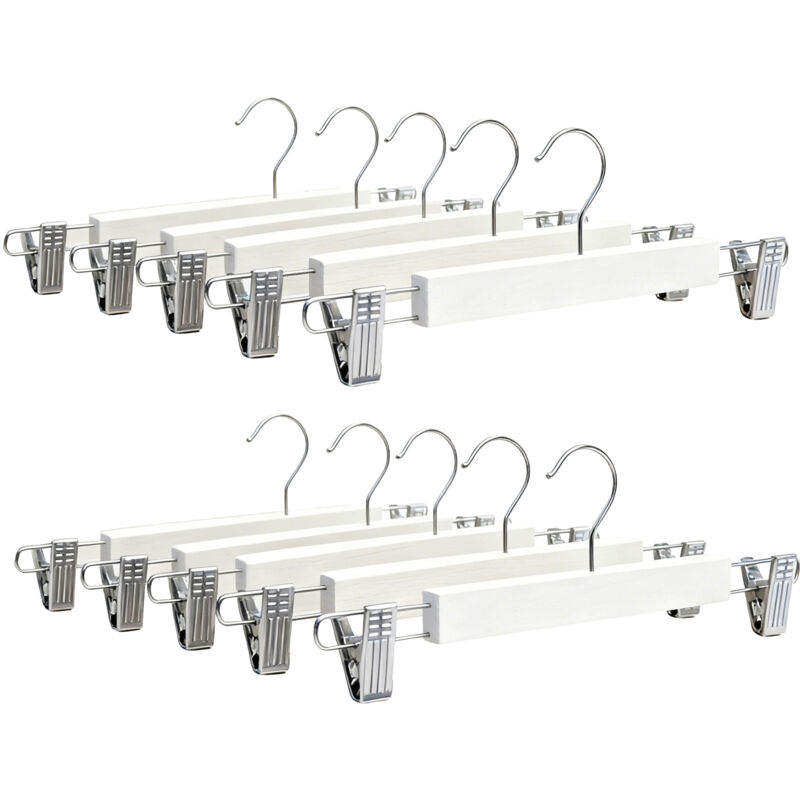 Relaxdays Trouser Hangers 10-Pack, 2 Clips Each, for Trousers & Skirts, HxWxD: 12x36x1.2 cm, Wood & Iron, White