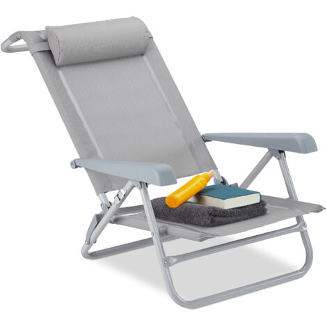 Relaxdays Tumbona Plegable con Reposacabezas, Abrebotellas, Reposabrazos Ajustable, Plástico, Acero, 120 kg, Gris