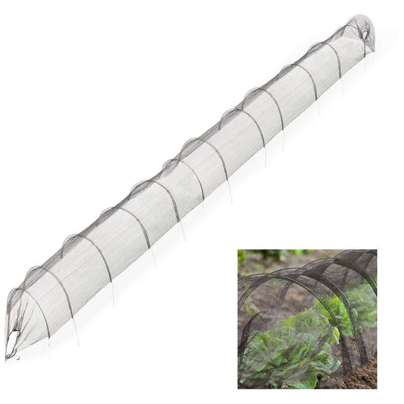 Relaxdays Tunnel de forçage, 7 mètres, filet PE, avec arcs tunnel, pour légumes, fraises, jardin, pliable, noir
