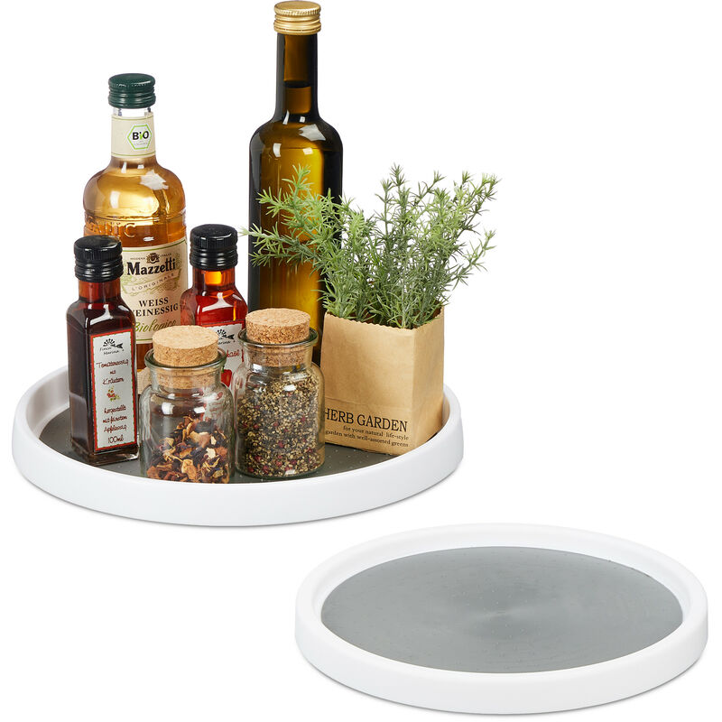 Relaxdays Rotating Fridge Organiser, 2x Set, Multipurpose Storage Tray, Plastic Container, Ø 25 And 30 Cm, White/grey
