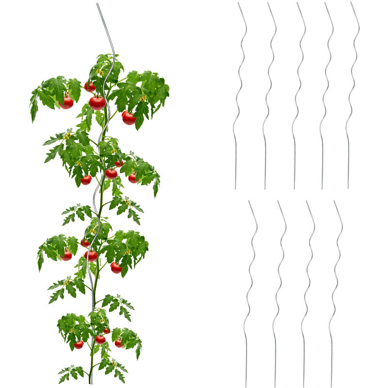 Relaxdays - Tuteur à tomates, lot de 10, en forme de spirale, en fer résistant aux intempéries, HxD env. 120x4 cm, argenté