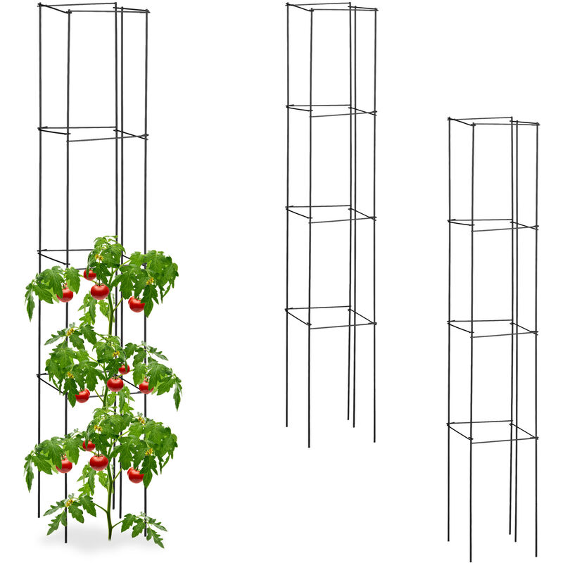Tuteur à tomates, lot de 3, fleurs, plantes utiles, métal, pliable, h x l x p : env. 120 x 20 x 20 cm, noir - Relaxdays
