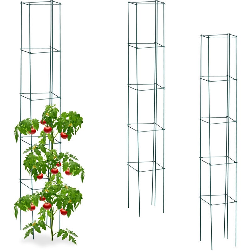 Tuteur à tomates, lot de 3, fleurs, plantes utiles, pliable, en métal, h x l x p : 150 x 20 x 20 cm, vert - Relaxdays
