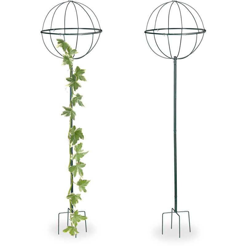 Relaxdays - Tuteur de jardin h 157 cm, Boule ronde, Colonne rosier, Arche plante grimpante, set 2 métal Arceau, vert foncé