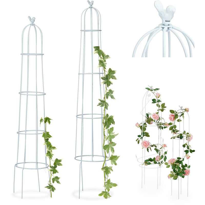 Tuteur de jardin Oiseau colonne rosier arche plante grimpante set 2 métal h 113 cm et 103 cm arceau, blanc - Relaxdays