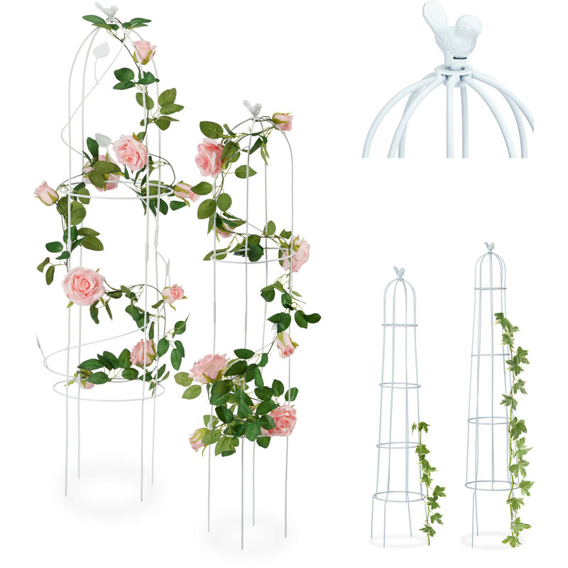 Relaxdays - Tuteur de jardin Oiseau colonne rosier arche plante grimpante set 2 métal h 117 cm et 97 cm arceau, blanc