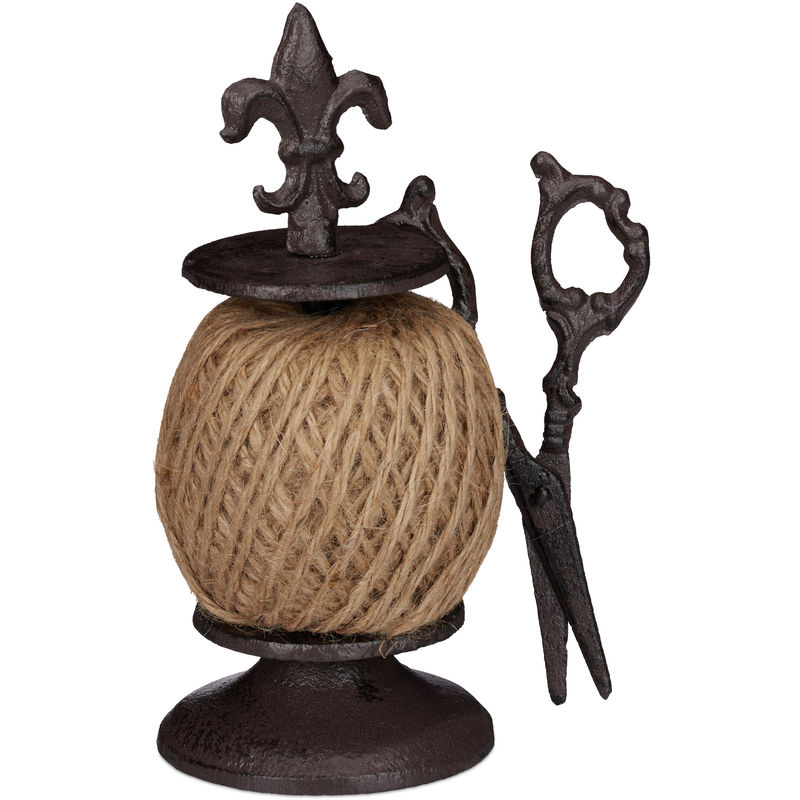 Twine Roll Holder Antique, Cast Iron, String Dispenser With Scissors & Twine, Garden, Kitchen, Dark-brown - Relaxdays