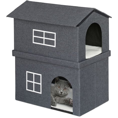 Relaxdays Two Storey Cat House, Pett Den with 2 Entrances, H x W x D: 71.5 x 62.5 x 44 cm, Foldable, Dark Grey