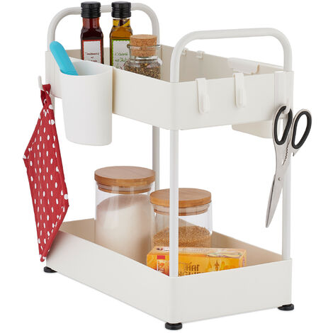 Relaxdays Under Sink Shelf, Tiered, Extendable, Hooks & Cups, Organiser for Kitchen & Bathroom, 42.5 x 22 x 40 cm, White