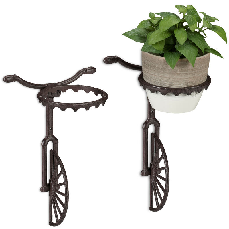 Relaxdays Set Of 2 Unicycle Wall-mount Flower Racks, Cast Iron, Outdoor Ornament, Weatherproof, Ø 13 Cm, Dark Brown