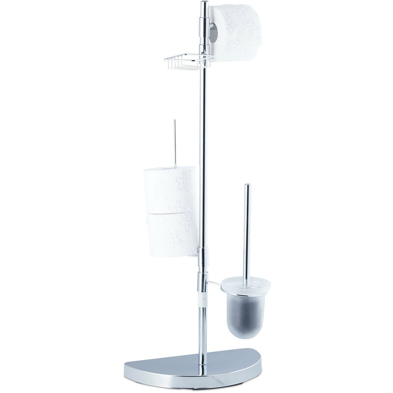 Universal Toilet Accessory Set, Toilet Roll Holder, Brush with Container, 360° Swivel Parts, 86 cm Tall, Chrome - Relaxdays