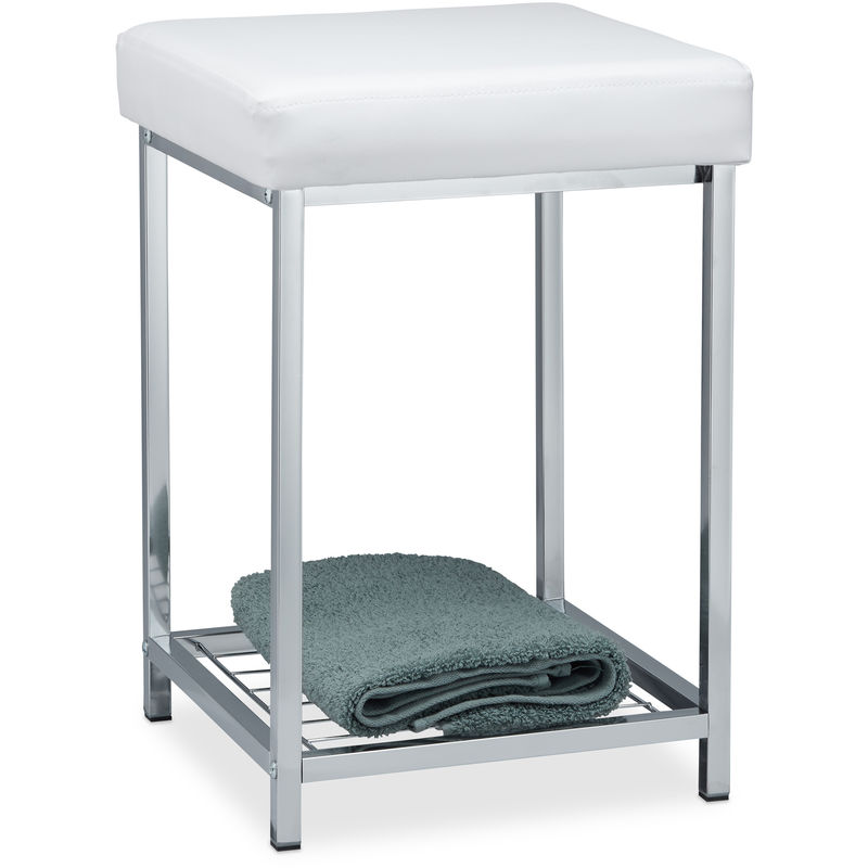 Relaxdays Upholstered Stool, Small, Square, Storage Shelf, Bath Stool, HWD 47x33x33 cm, White