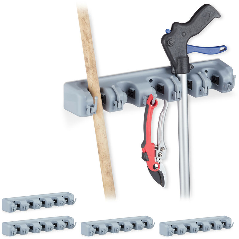 Relaxdays Set of 5 Tool Holder Wall Mount, 10 Clamp Brackets, 12 Folding Hooks, Universal, HWD: 6 x 40 x 11 cm, PP, Grey