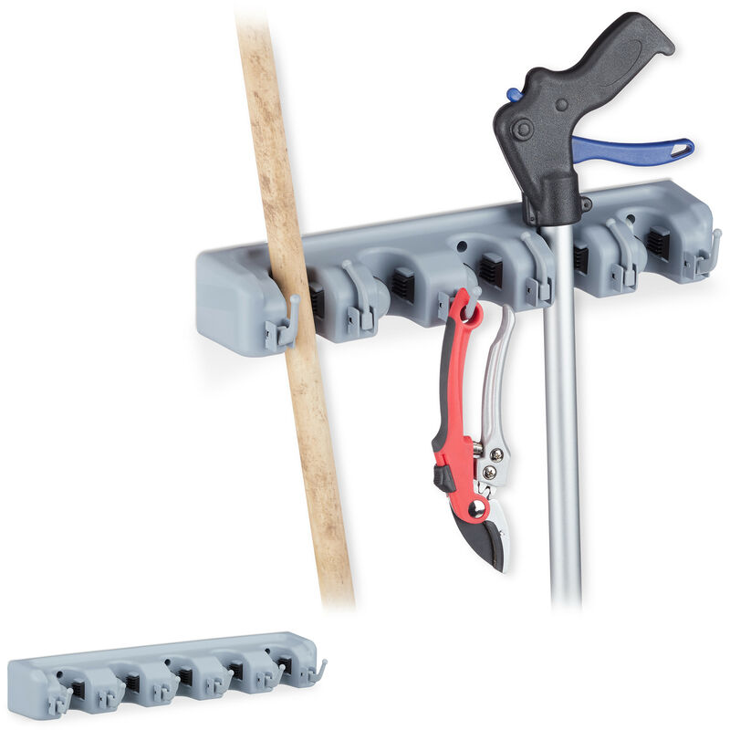 Relaxdays Set of 2 Tool Holder Wall Mount, 10 Clamp Brackets, 12 Folding Hooks, Universal, HWD: 6 x 40 x 11 cm, PP, Grey