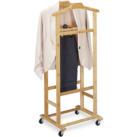 Relaxdays – Valet de chambre à roulettes en bambou – Dimensions H x L x P : 107 x 47 x 37 cm – Surface plane de rangement 34,5 x 7 cm – Charge max 3 kg