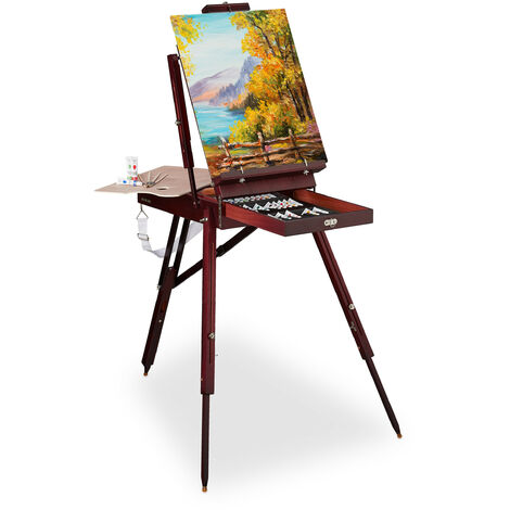 Relaxdays Coffret peinture, set dessin avec couleurs, crayons, pinceaux,  gommes, valise en bois, pour adulte, nature
