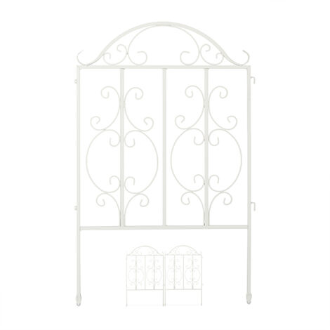 Relaxdays Vallas Jardín Metálicas, 98 x 63,5 cm, Delimitadores Huerto, 3 Paneles, Decorativas, Rejas con Estacas, Blanco