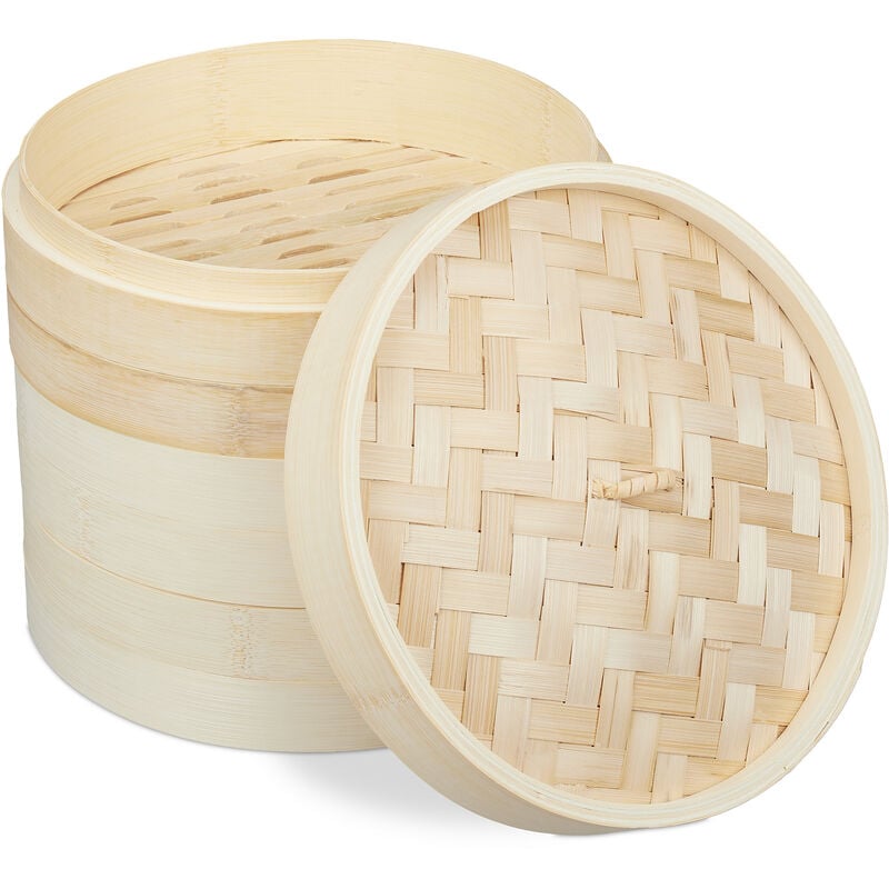 Relaxdays - Bamboo Steamer, 3 Tier, Traditional, Asian Cooker, for Rice, Dim Sum, Vegetable, Basket, Pot, Ø24cm, Natural