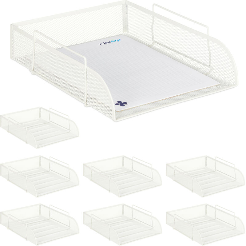 Relaxdays 8x Stackable Document Trays, Din A4, Grid Design, Letter Rack For The Office, Metal, Wxd, 25 X 34 Cm, White