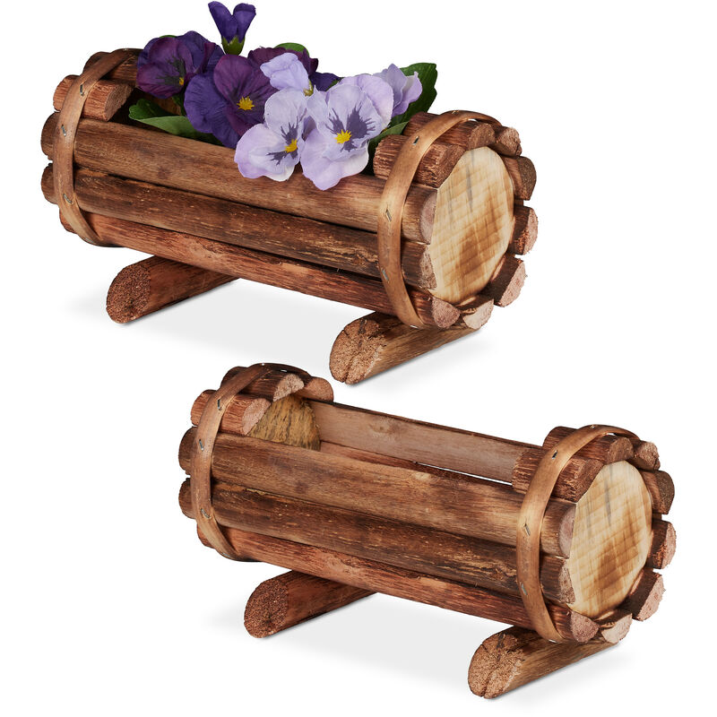 Relaxdays - Vase pour plantes, bois flambé, 2 pièces, décoration jardin, demi tonneau pour fleurs, vintage HlP:11x20x9 cm